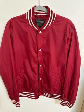 21MEN Red Striped-Trim Varsity Bomber Jacket